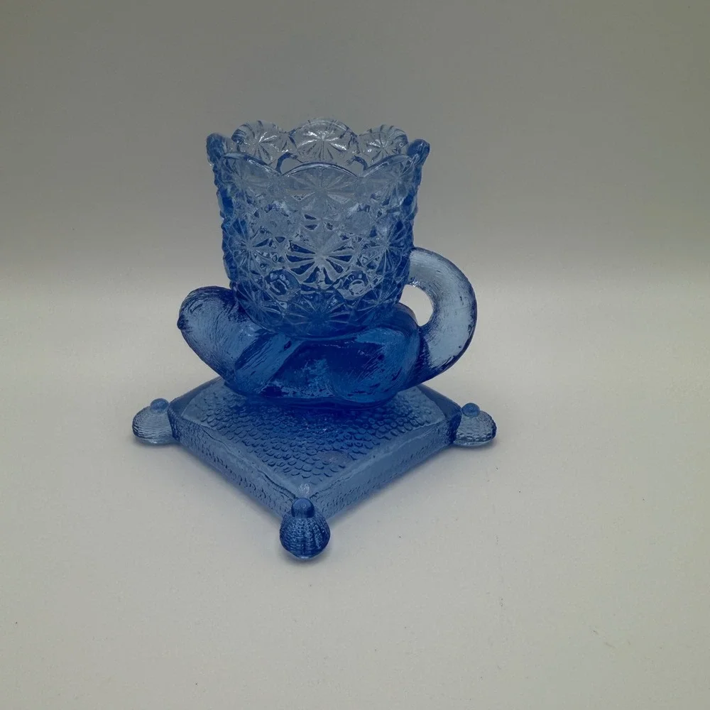 Cobalt Blue Pressed Glass Footed Toothpick Holder Scalloped Rim NIB‎